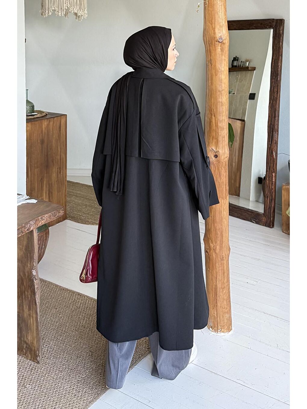 Bağlama Detaylı Trençkot Siyah-3