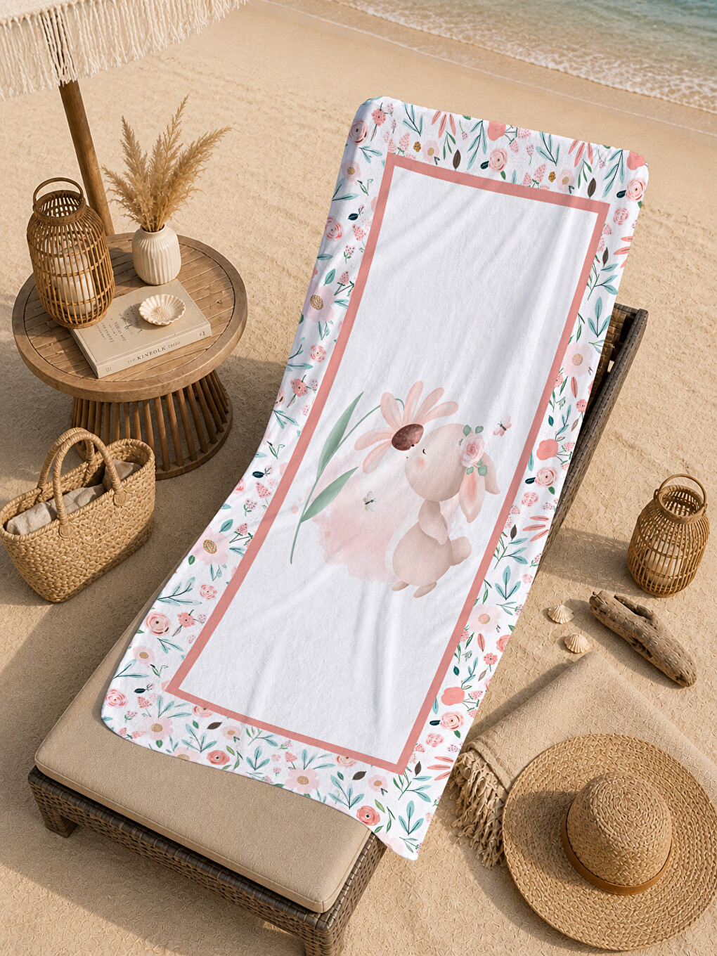 Pembe Romantik Tavşan Çiçek Bordürlü Pastel Masalsı Desenli 70x150 Plaj Havlusu - Pamuklu Banyo Havlusu-1