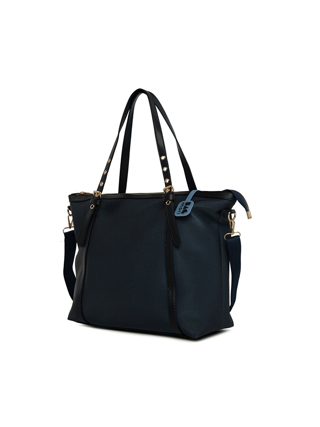 Lacivert Kemer Detaylı Saten Tote Çanta-1