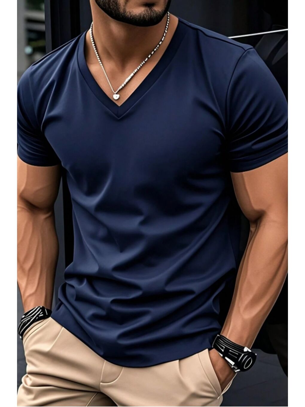 Lacivert Erkek %100 Pamuk V Yaka Slim Fit Dar Kesim Tişört-3