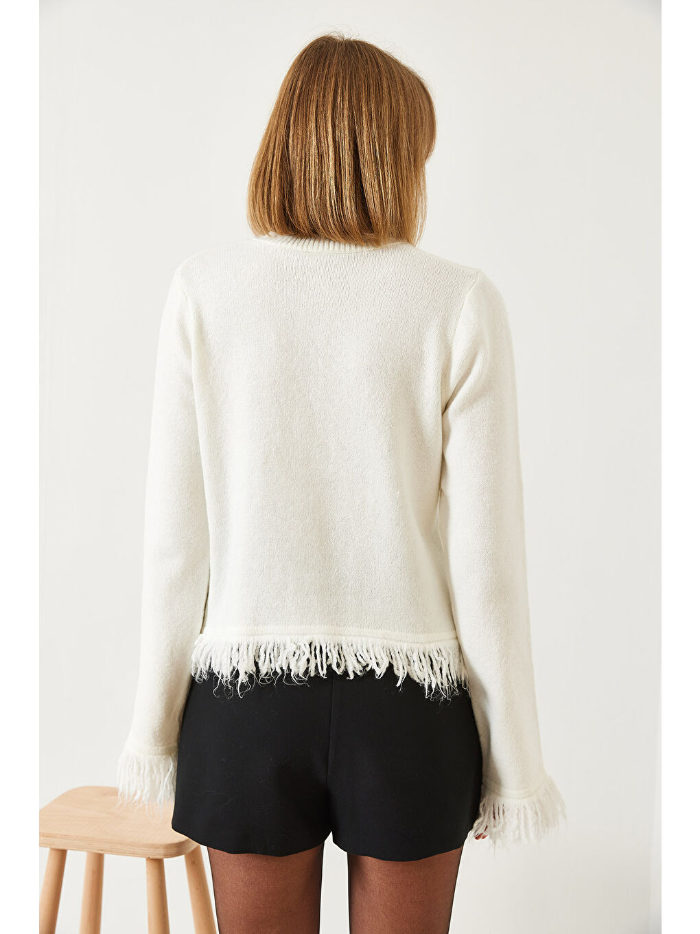 Ekru Kadın Saçaklı Kurdelalı Cepli Triko Hırka-5