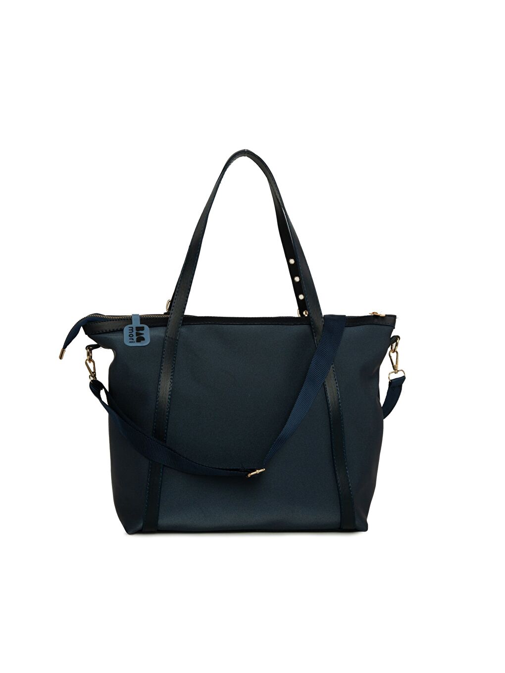 Lacivert Kemer Detaylı Saten Tote Çanta-2