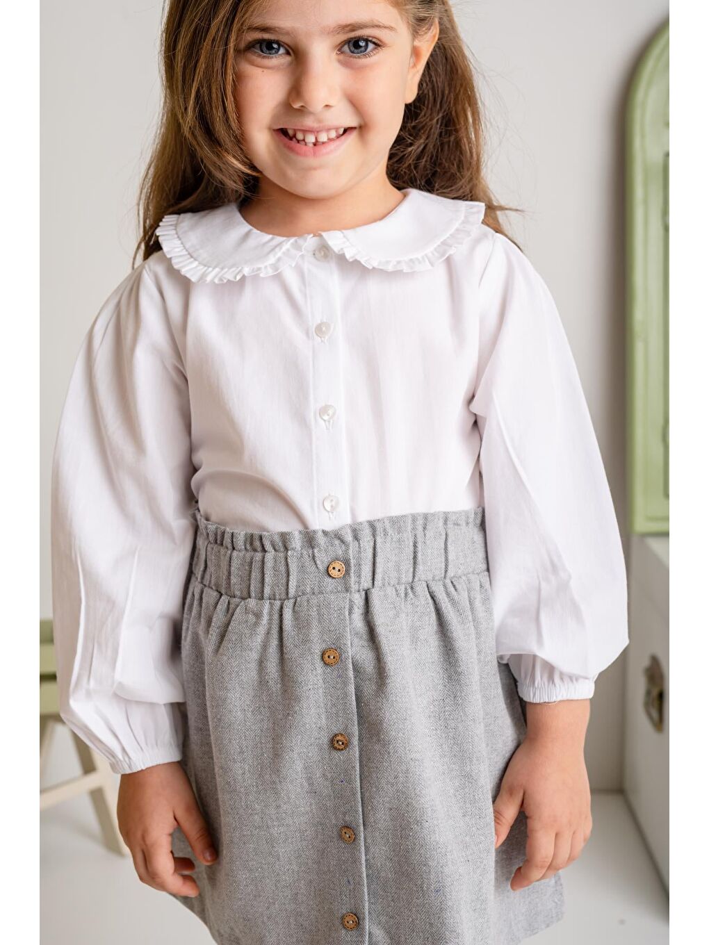 Kız Çocuk Düğme Detaylı Dokuma Etek - Gri-1