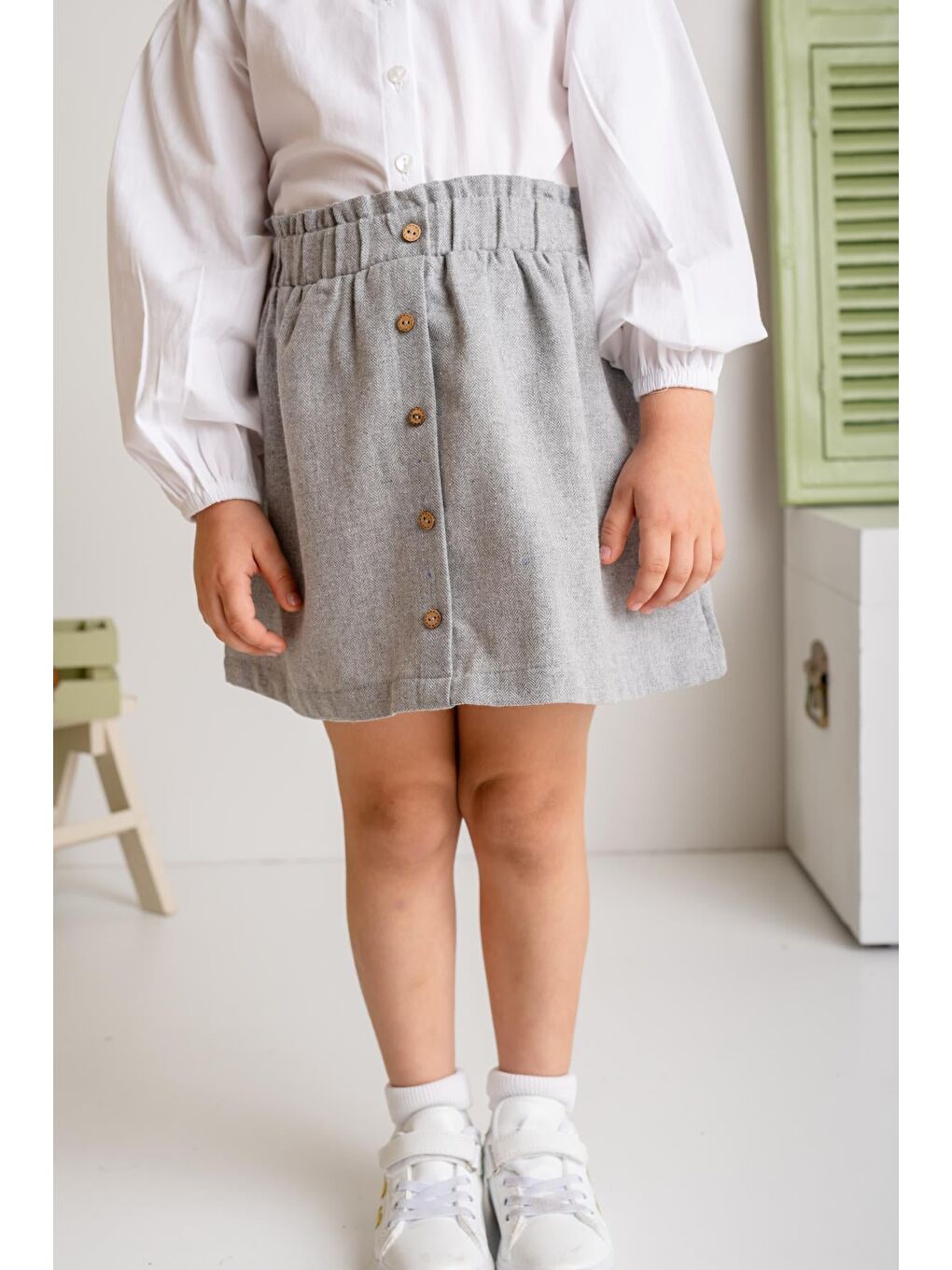 Kız Çocuk Düğme Detaylı Dokuma Etek - Gri-2