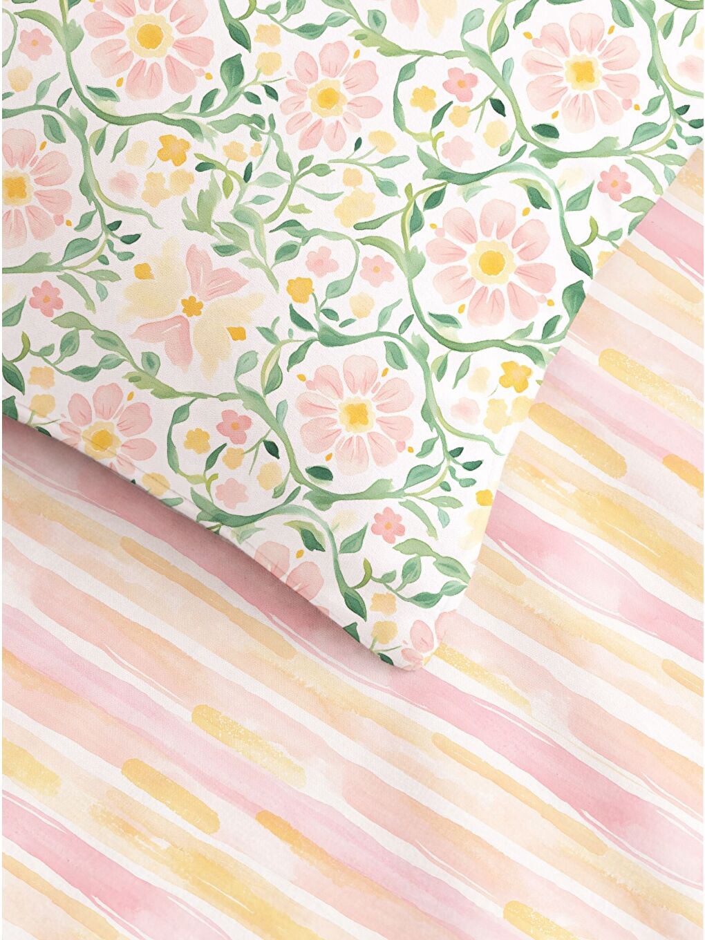 Tek Kişilik Pamuklu Pembe Sarı Çiçekli Çift Taraflı Nevresim Takımı 160x220 cm (Çarşafsız)-2