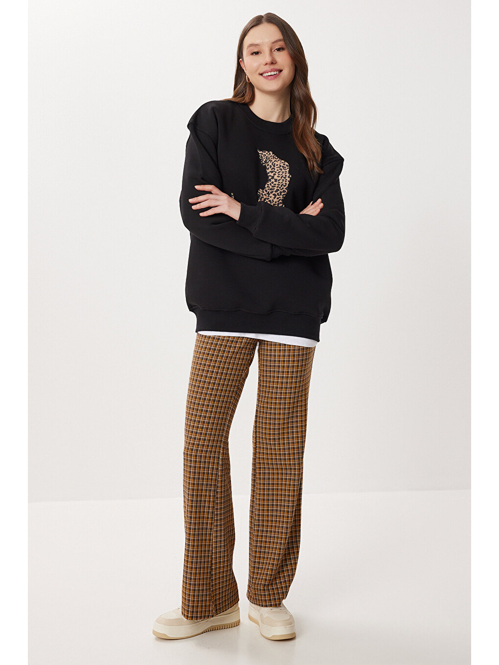 Leopar Baskılı Oversize Şardonlu Örme Sweatshirt Siyah Lmc0078-1