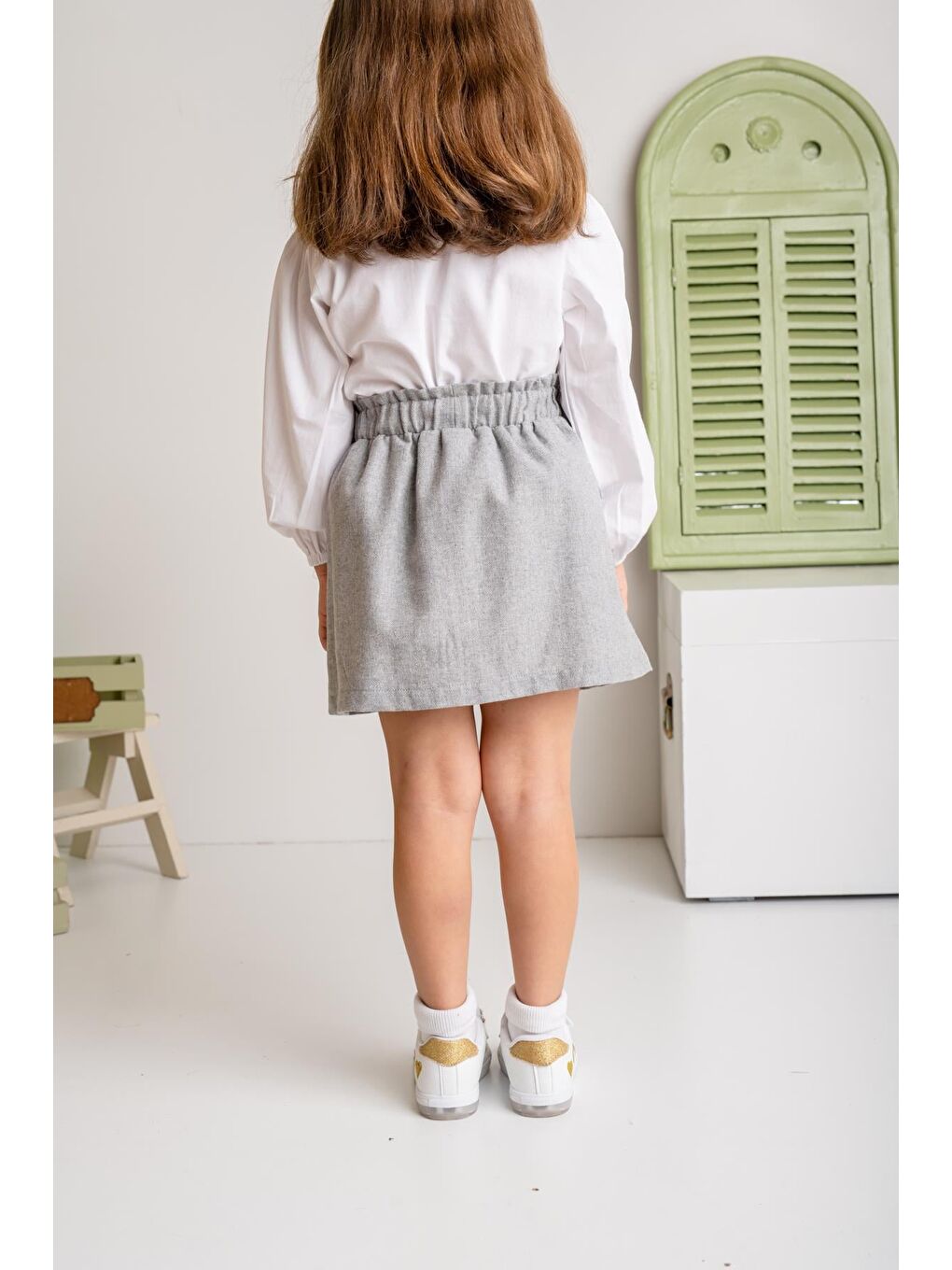Kız Çocuk Düğme Detaylı Dokuma Etek - Gri-3