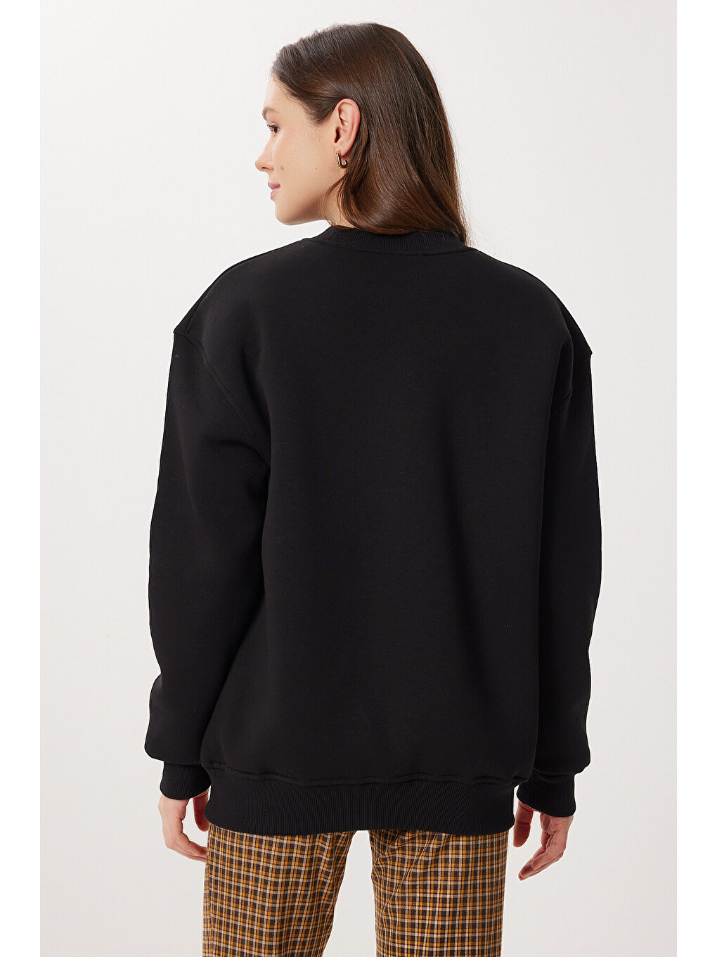 Leopar Baskılı Oversize Şardonlu Örme Sweatshirt Siyah Lmc0078-3