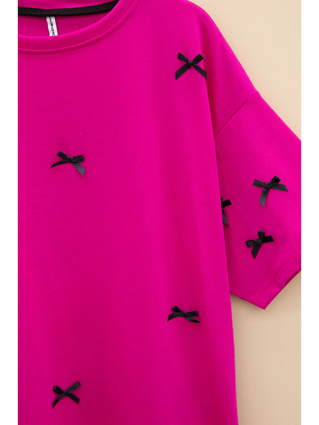 Fuşya Fiyonk Nakışlı Kısa Kol Kız Çocuk Oversize Tişört 20801-1
