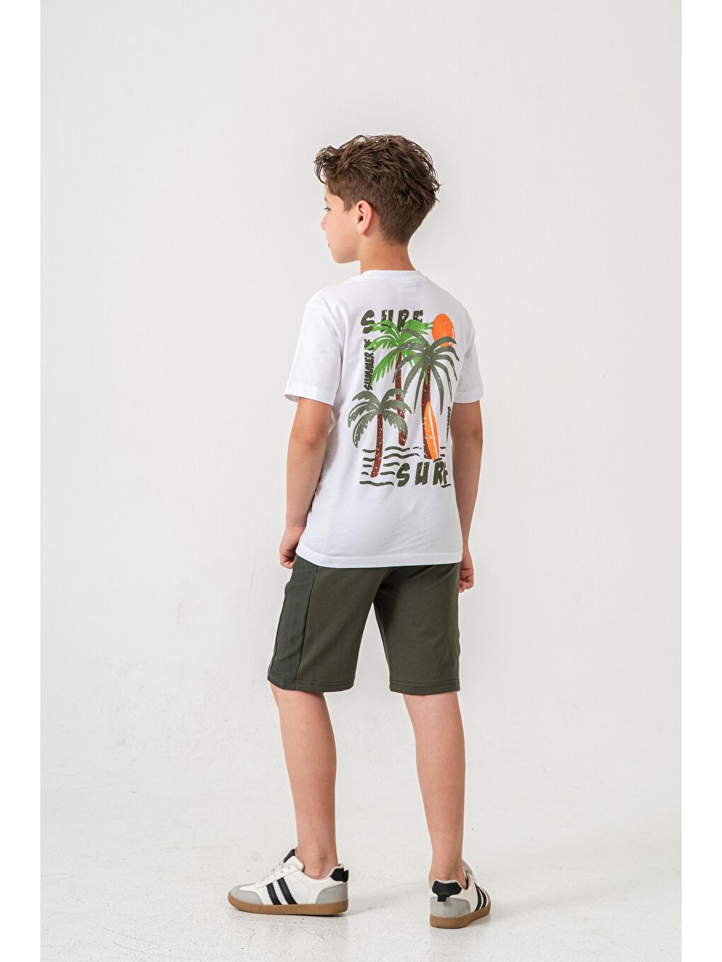 Haki Surf Ups Baskılı Bacak Ve Sırt  Baskı Detaylı  Erkek Çocuk Şort - Tişört Takımı-3