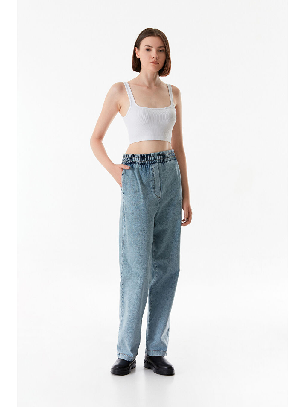 Fullamoda Mavi Beli Lastikli Cepli Wide Leg Jean - 2