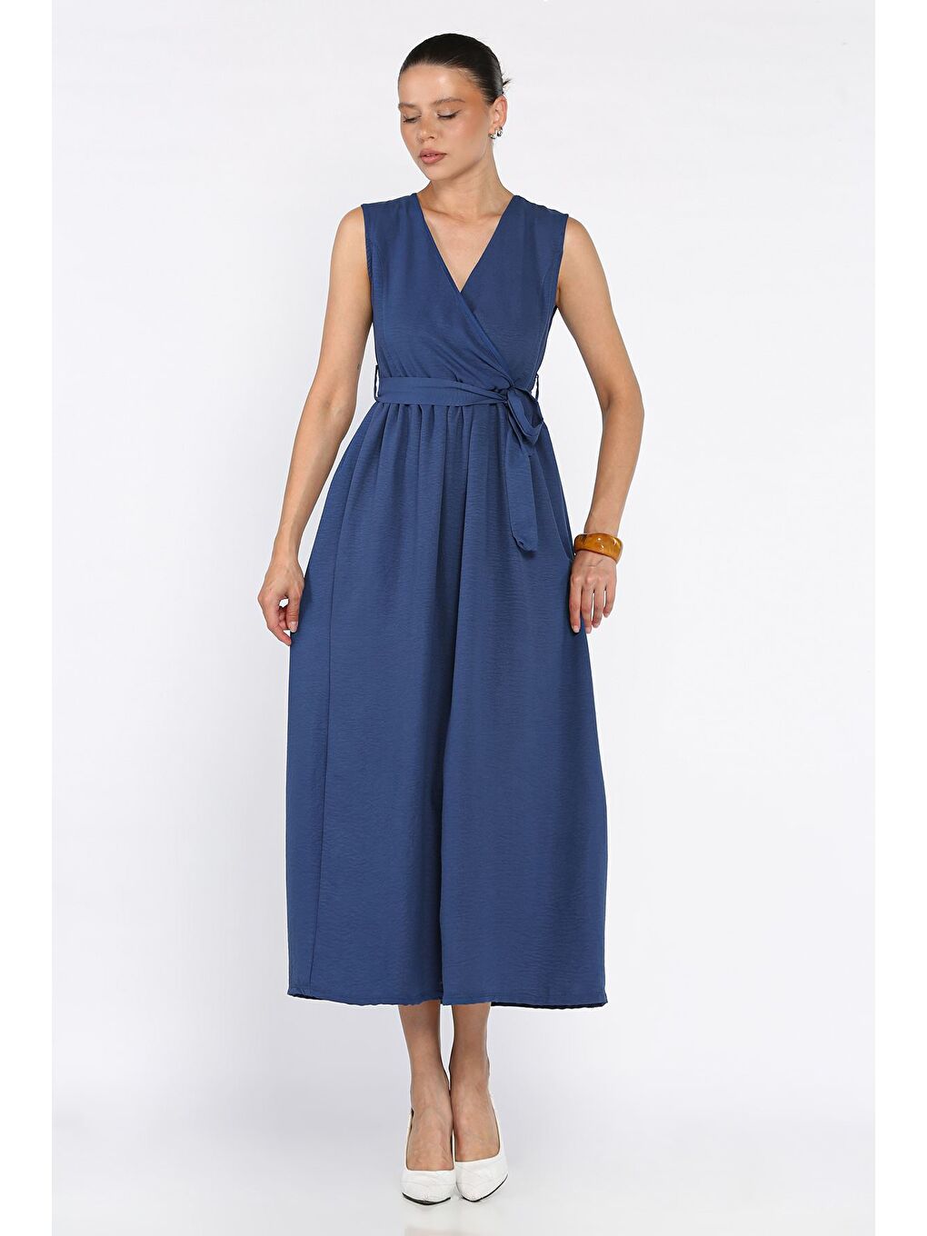 Lacivert Kruvaze Yaka Kuşaklı Sıfır Kol Elbise-1