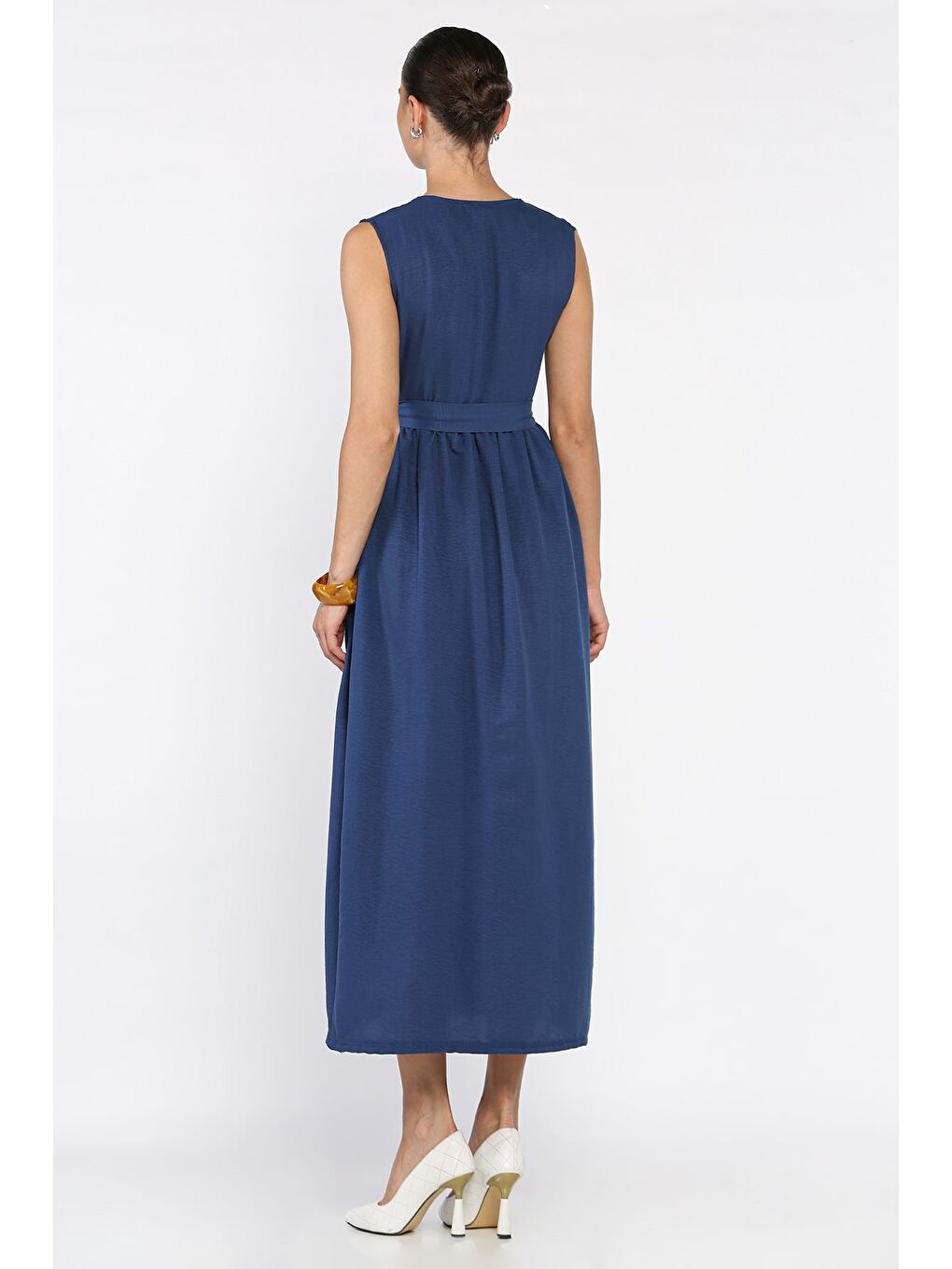 Lacivert Kruvaze Yaka Kuşaklı Sıfır Kol Elbise-2