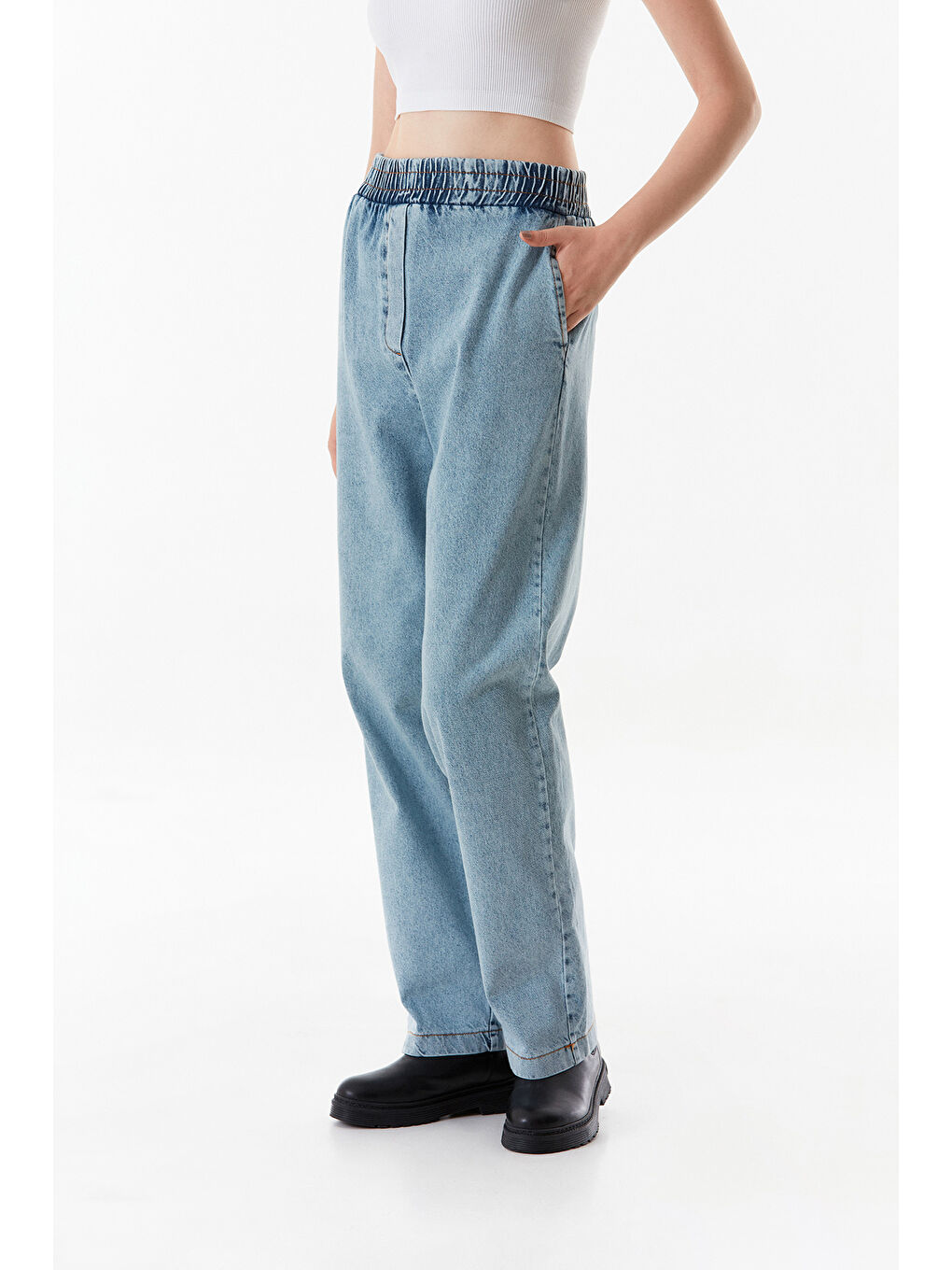 Fullamoda Mavi Beli Lastikli Cepli Wide Leg Jean - 3