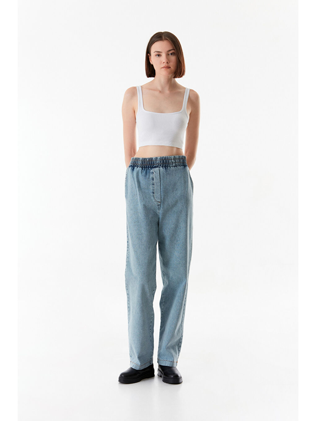 Fullamoda Mavi Beli Lastikli Cepli Wide Leg Jean - 4