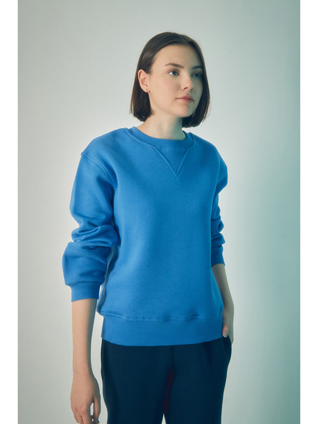 Fullamoda Mavi Basic Beli Lastikli Sweatshirt