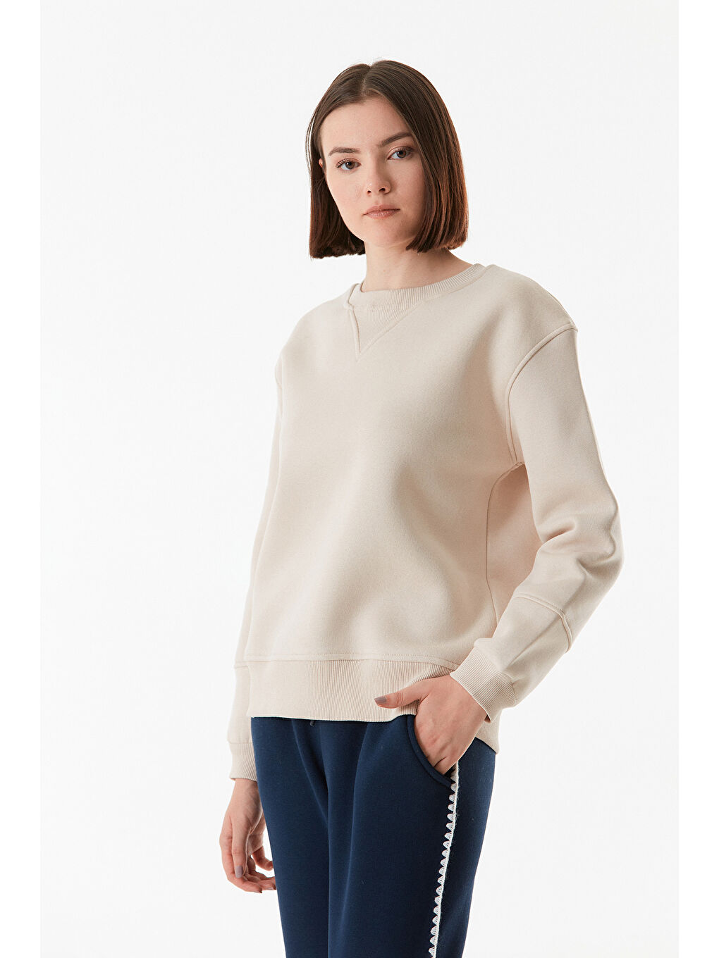 Fullamoda Bej Basic Beli Lastikli Sweatshirt