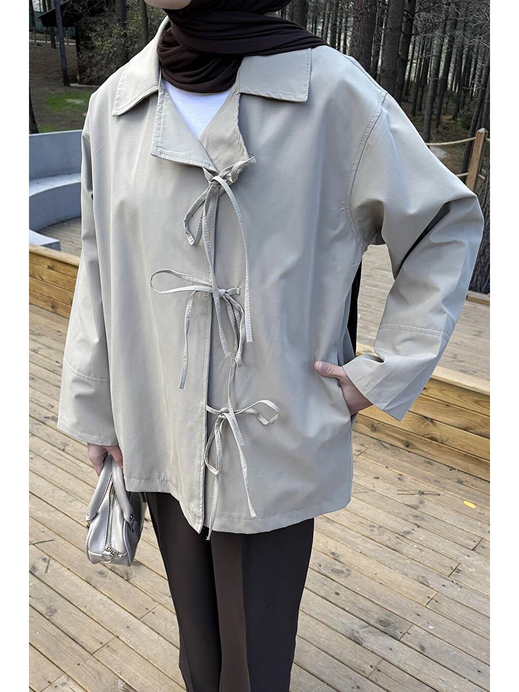 Fiyonk Detaylı Trençkot Haki-2