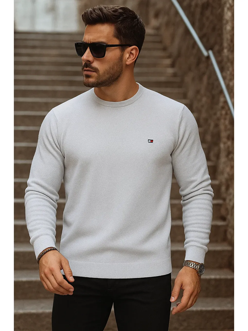 Erkek Günlük Trend Bisiklet Yaka Beyaz Triko Kazak-1