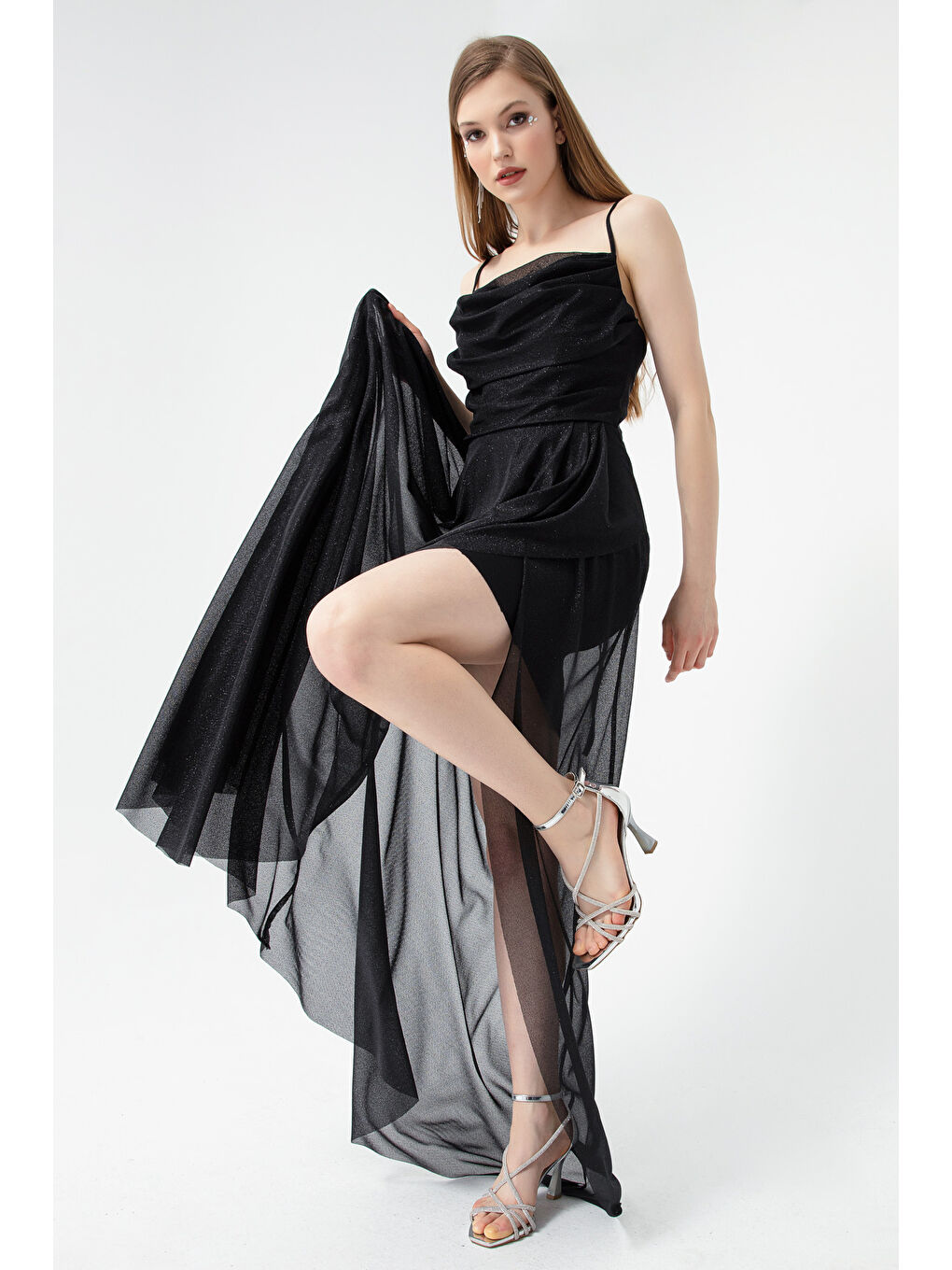 Kadın Siyah Göğüs Drapeli Volanlı Simli Abiye-2