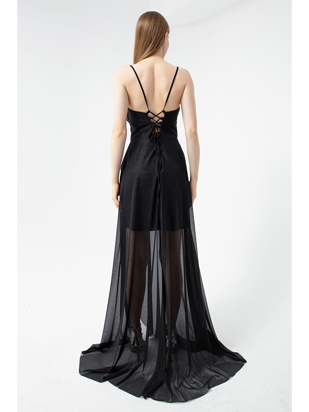 Kadın Siyah Göğüs Drapeli Volanlı Simli Abiye-4