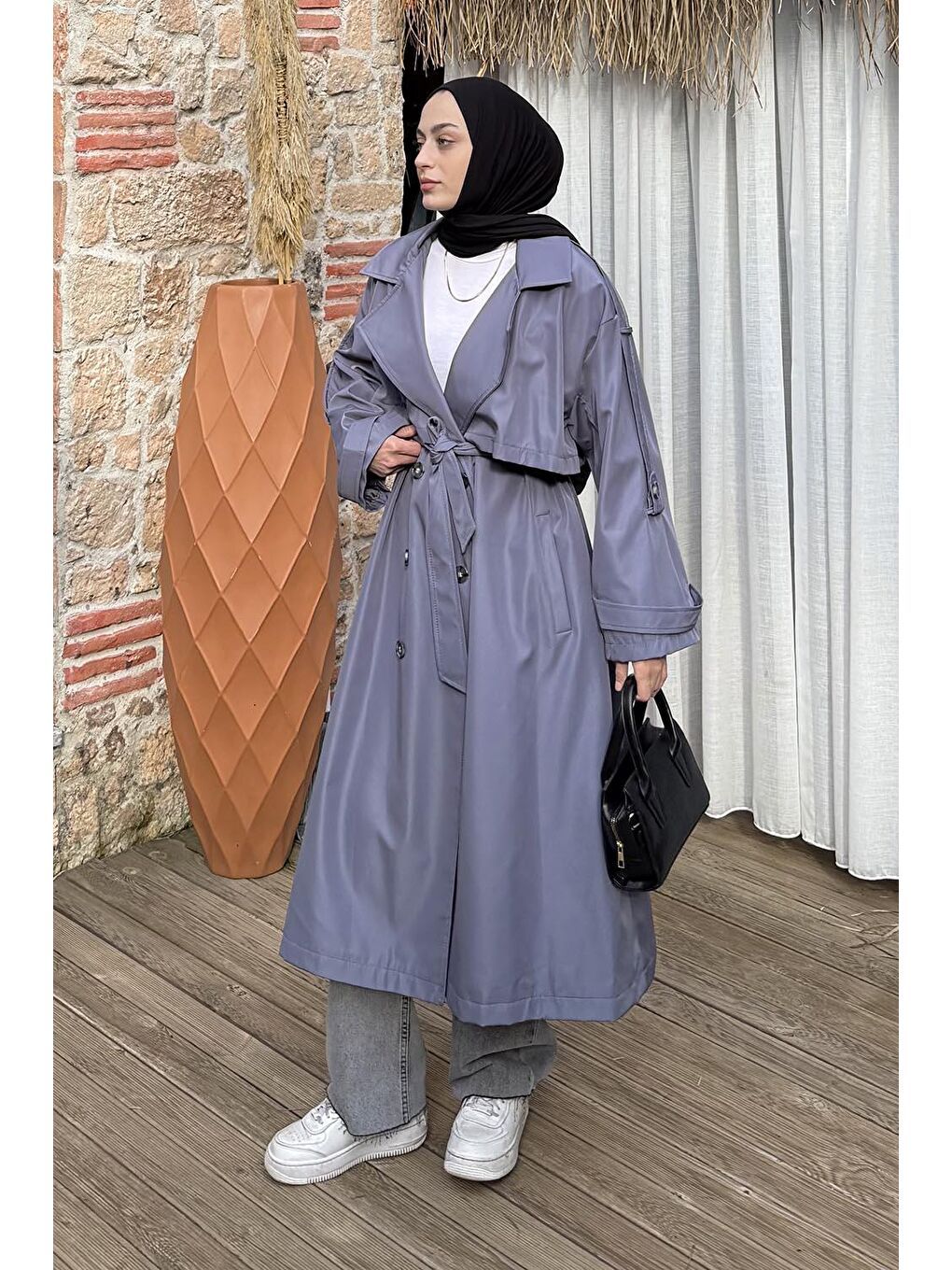 Uzun Apoletli Oversize Trenç Antrasit-1