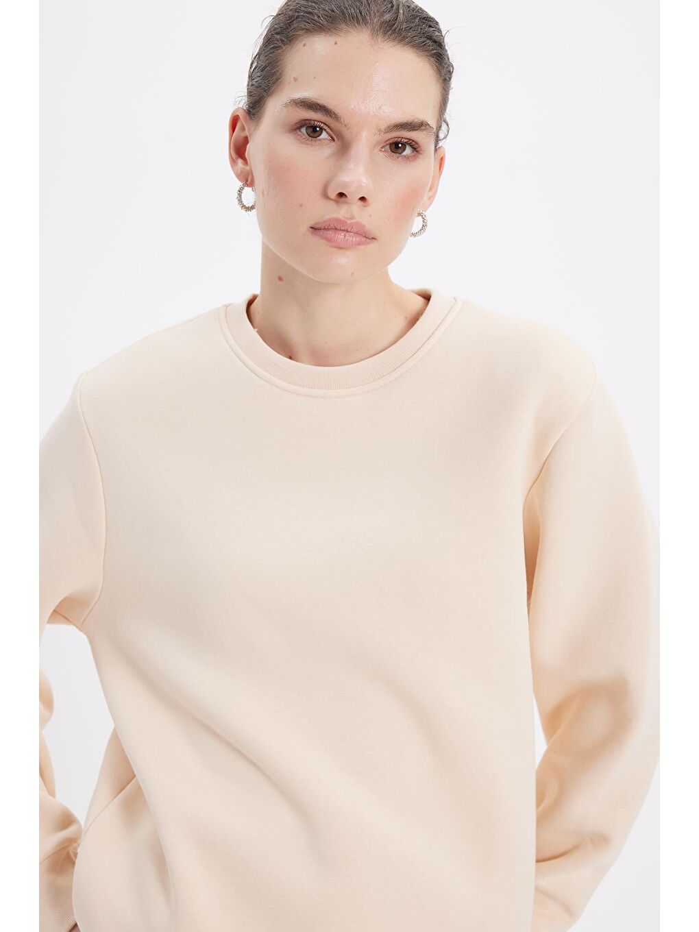 Kadın Oversize Geniş Kesim Pamuklu 3 İplik İçi Polarlı Basic Bej Bisiklet Yaka Sweatshirt-1