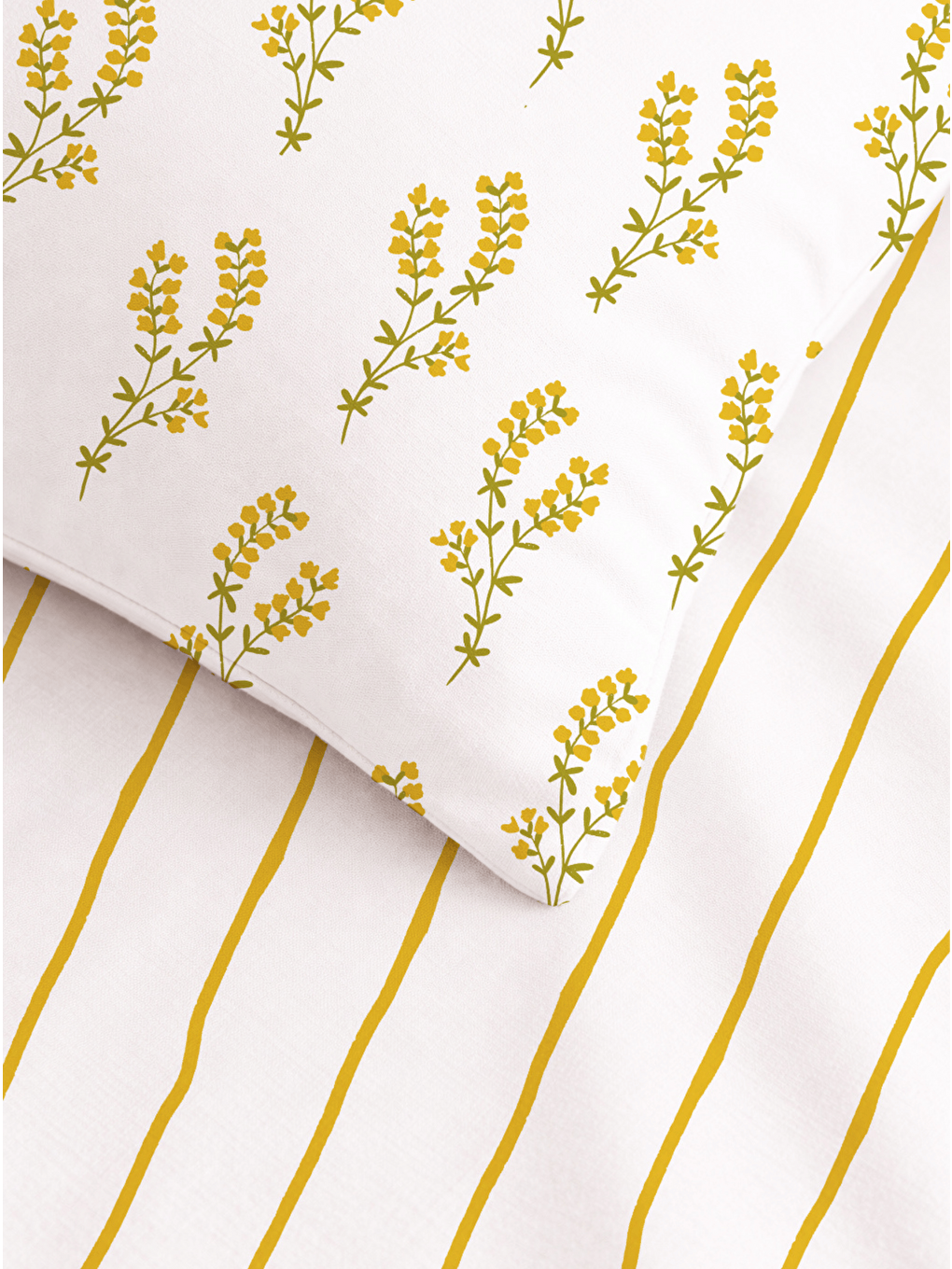 Sarı Çift Kişilik Mimoza Çiçekli ve Çizgili Pamuklu Nevresim Takımı - 2000x220 cm (Çarşafsız)-1