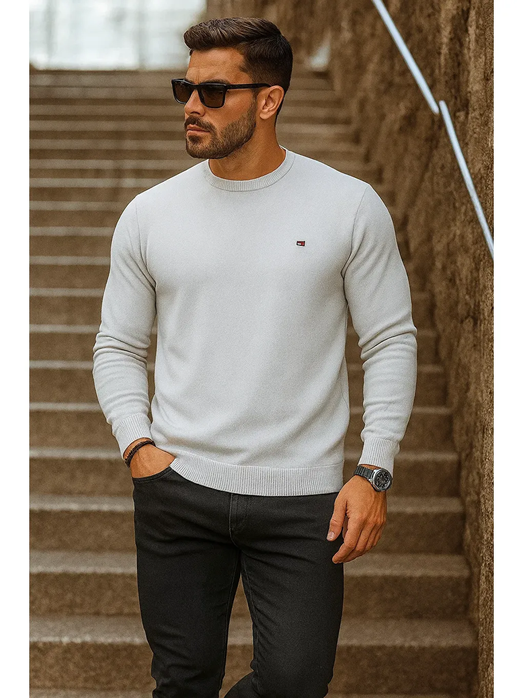 Erkek Günlük Trend Bisiklet Yaka Beyaz Triko Kazak-2