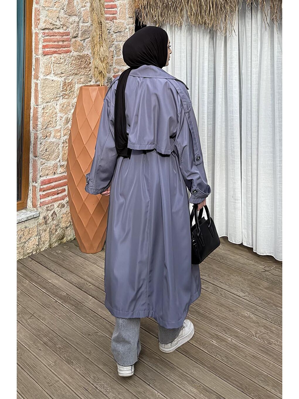 Uzun Apoletli Oversize Trenç Antrasit-3