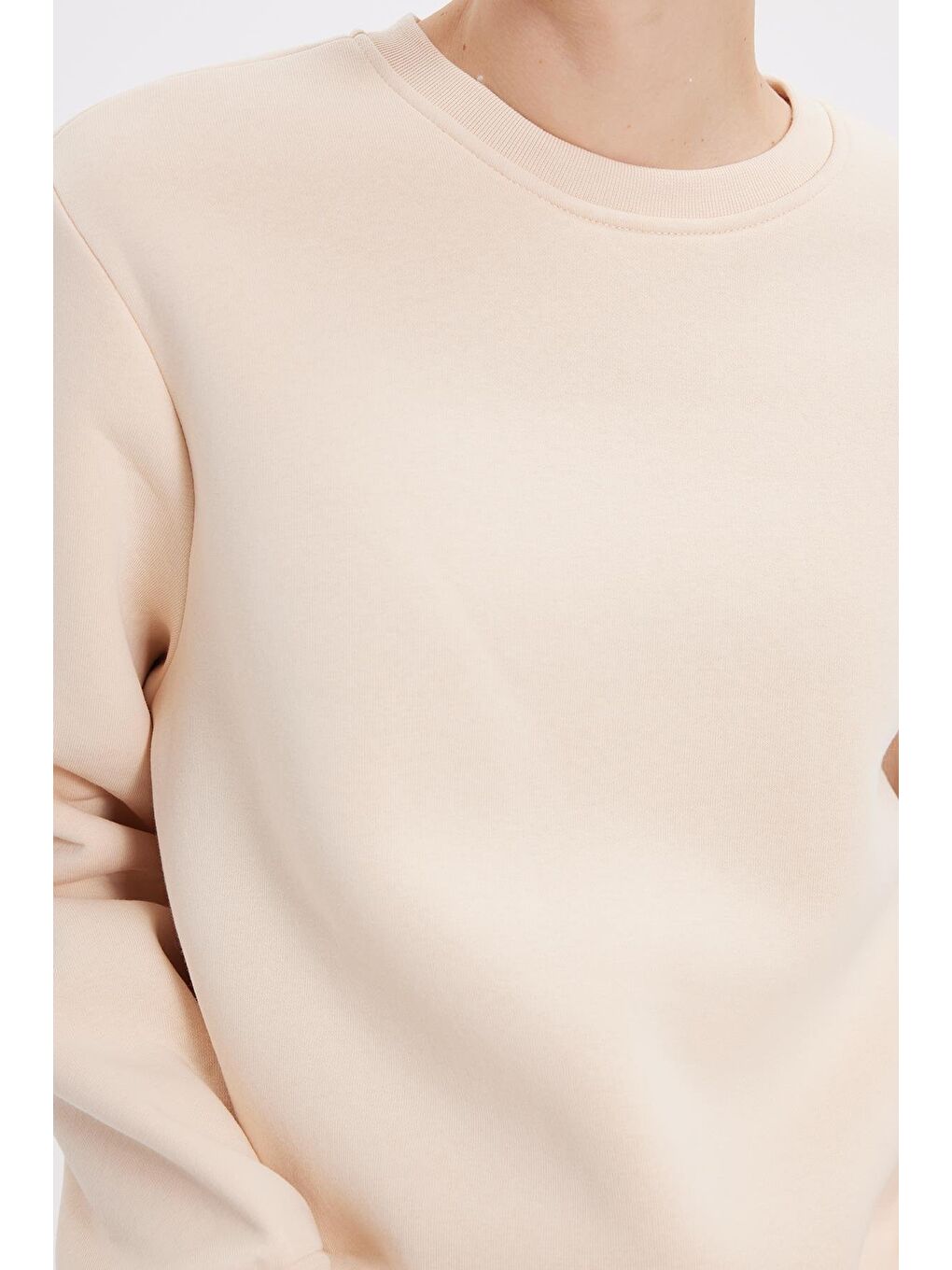 Kadın Oversize Geniş Kesim Pamuklu 3 İplik İçi Polarlı Basic Bej Bisiklet Yaka Sweatshirt-2