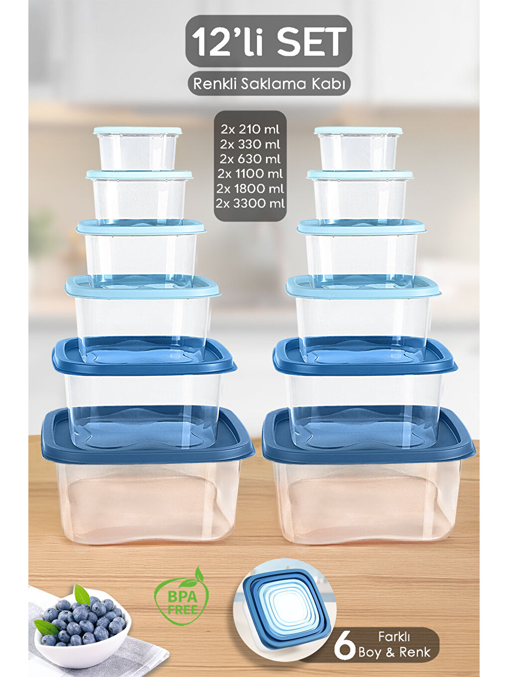 Mavi 12'li Kare Erzak Gıda Saklama Kabı Seti