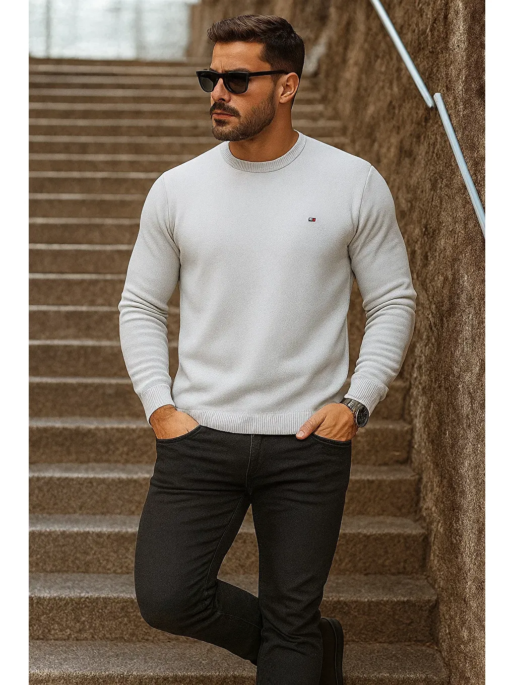 Erkek Günlük Trend Bisiklet Yaka Beyaz Triko Kazak-3