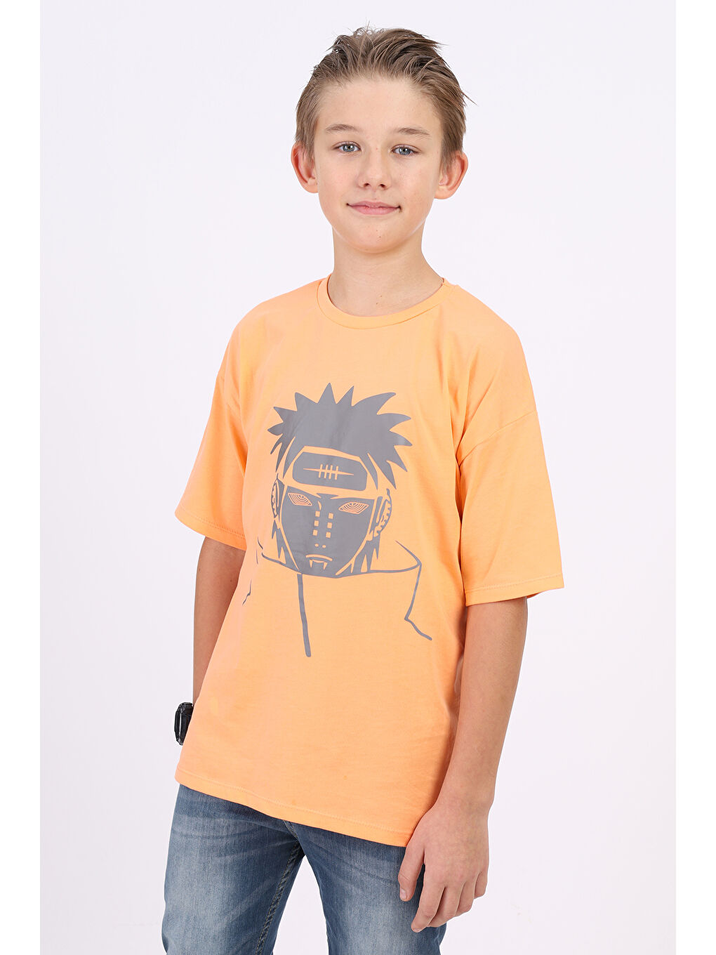 Turuncu Unisex Çocuk Reflektör Baskılı Tişört