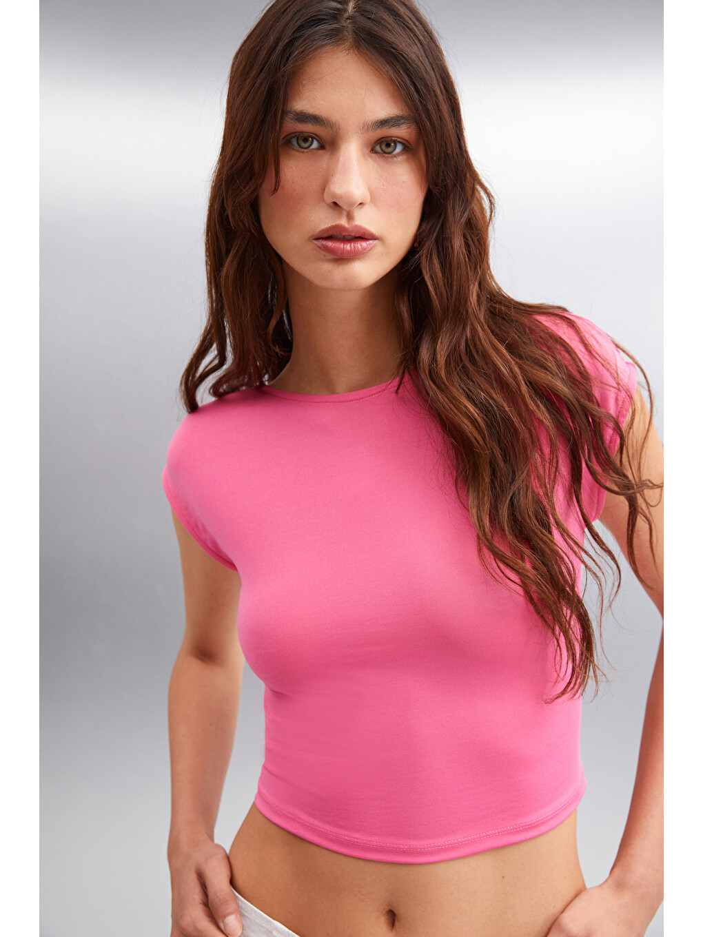 Yaretzı Kadın Esnek Jarse Kumaşlı Sırt Dekoltelı Crop Pembe Büstiyer-3