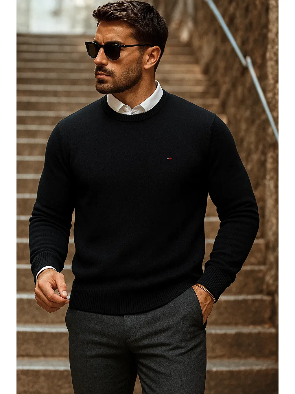 Erkek Günlük Trend Bisiklet Yaka Siyah Triko Kazak