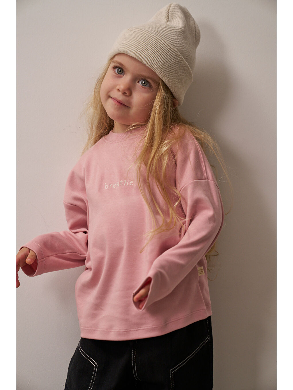 Pembe Nakışlı Oversize Uzun Kollu T-shirt-1