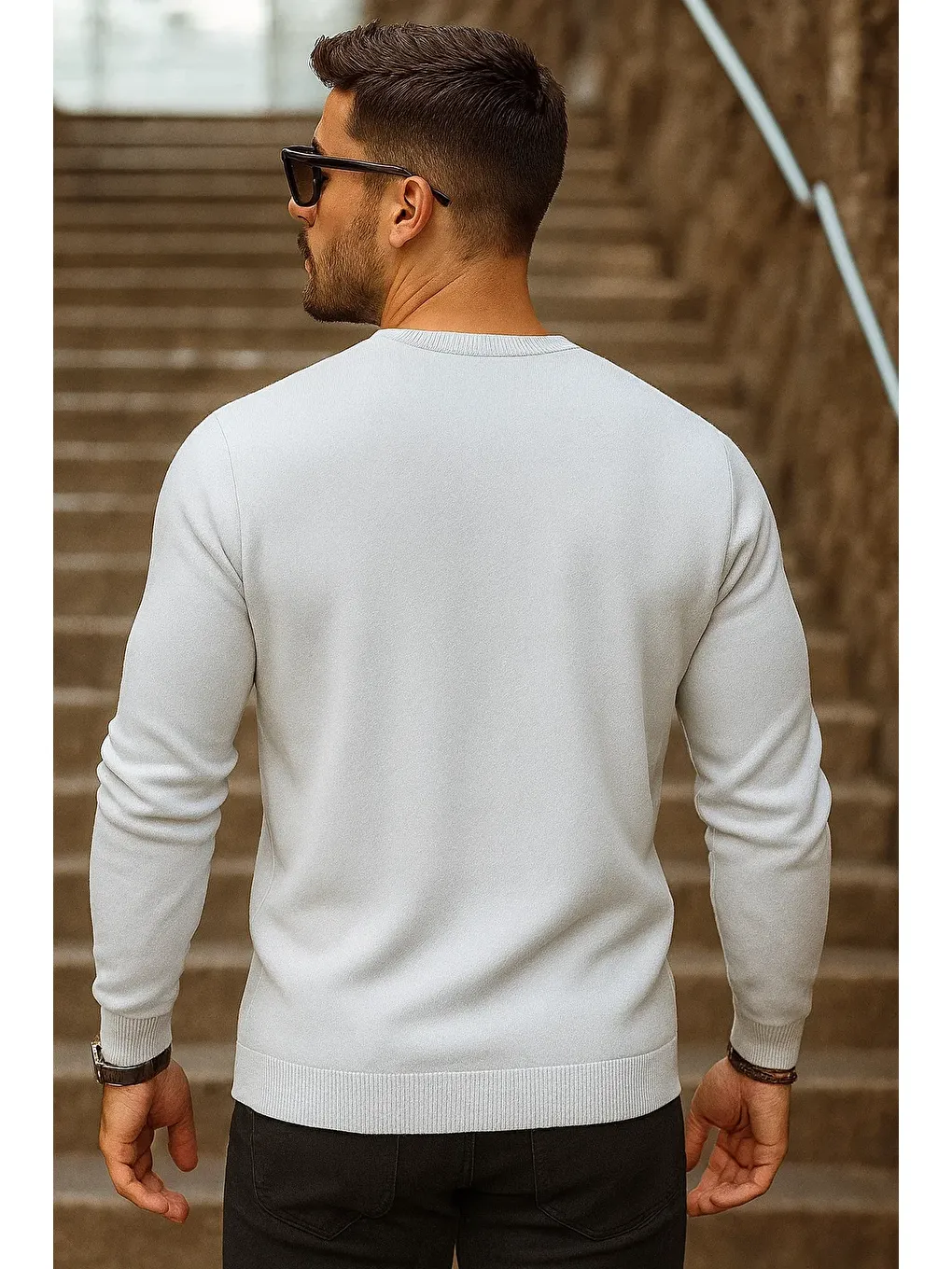 Erkek Günlük Trend Bisiklet Yaka Beyaz Triko Kazak-4