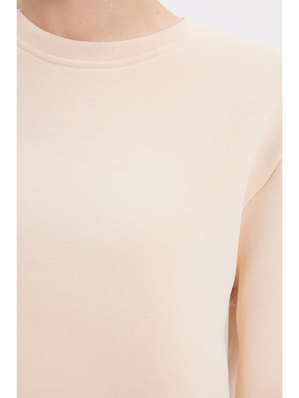 Kadın Oversize Geniş Kesim Pamuklu 3 İplik İçi Polarlı Basic Bej Bisiklet Yaka Sweatshirt-5