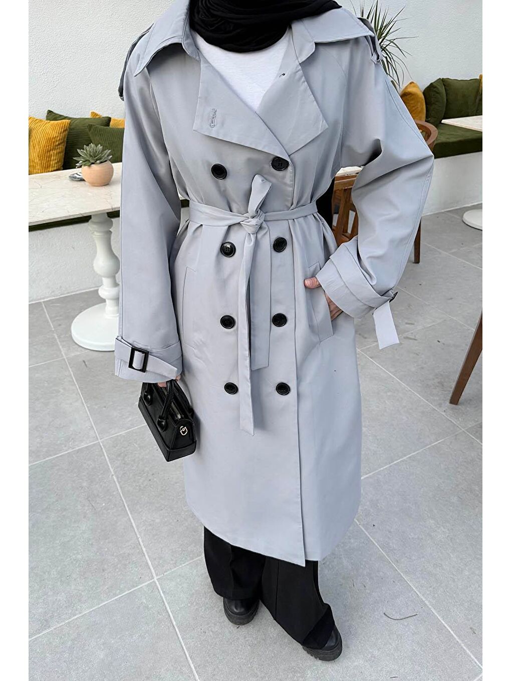 Reglan Kol Düğmeli Trenç Gri-2