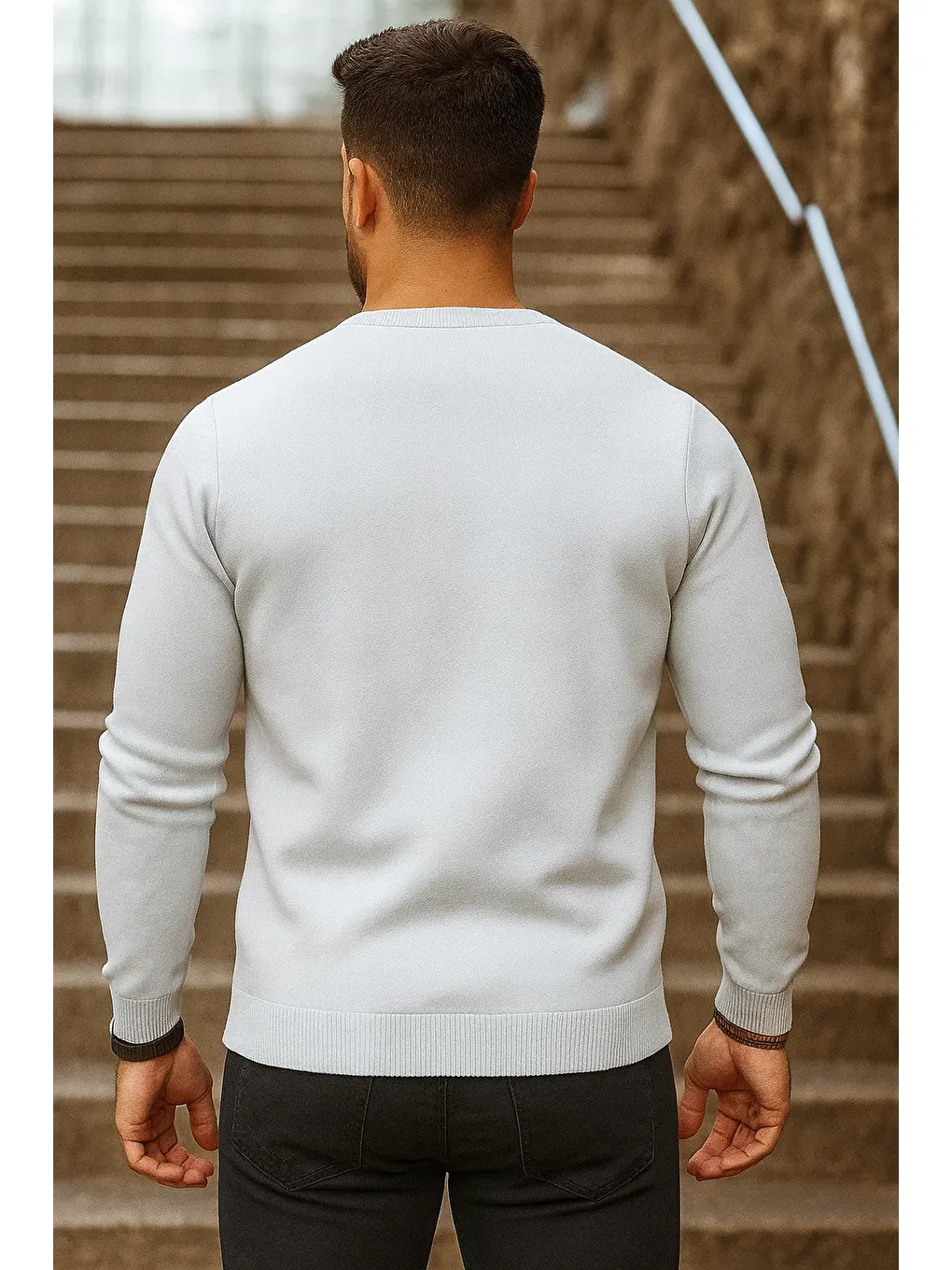 Erkek Günlük Trend Bisiklet Yaka Beyaz Triko Kazak-5