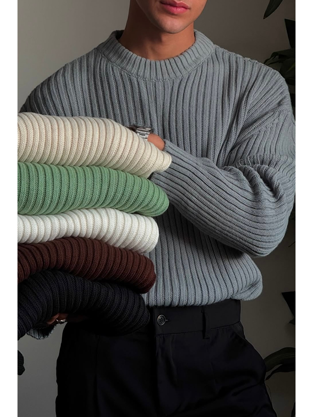 Erkek Lacivert Fitilli Örme Regular Triko Kazak-1