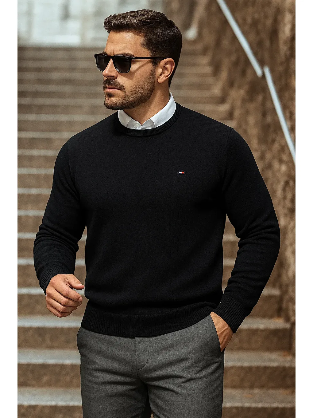 Erkek Günlük Trend Bisiklet Yaka Siyah Triko Kazak-1