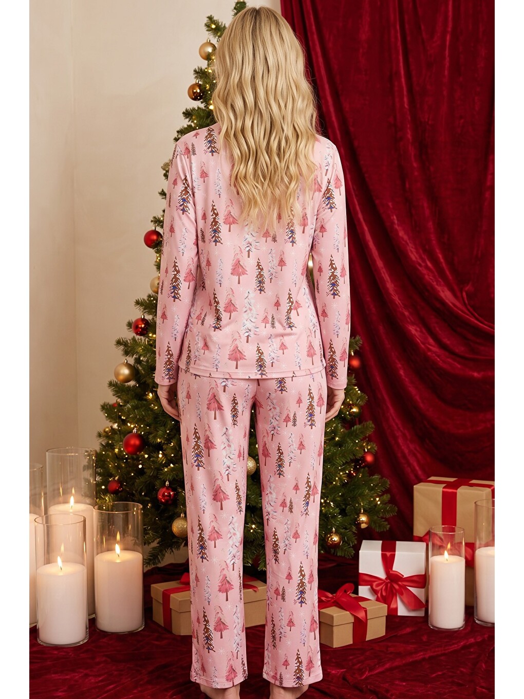 Pembe Yılbaşı Temalı Desenli Termal Kumaşlı Ultra Soft Yumuşak Örme Pijama Takımı-2