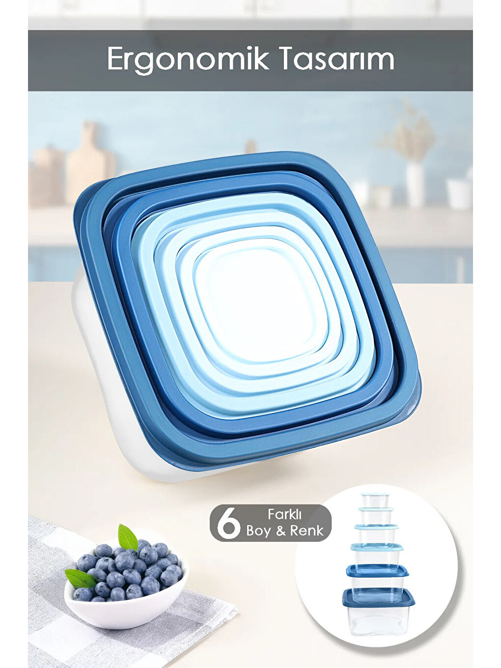 Mavi 12'li Kare Erzak Gıda Saklama Kabı Seti-3