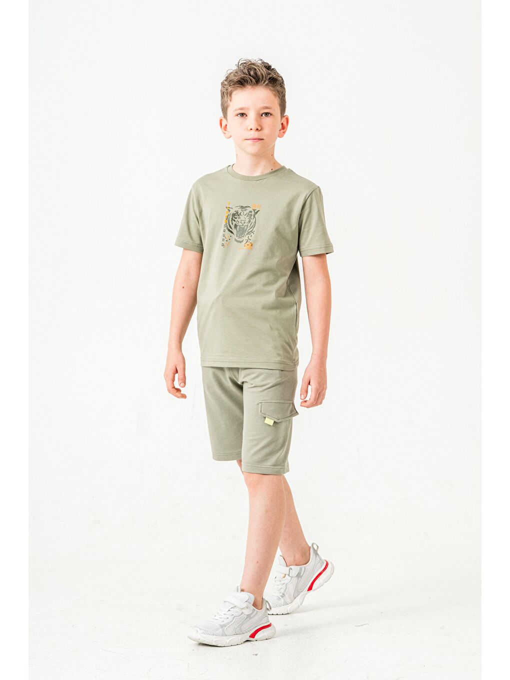 Yeşil Ust On Baskılı Kol Ucu Balıksırtlı Erkek Çocuk Şort - Tişört Takımı