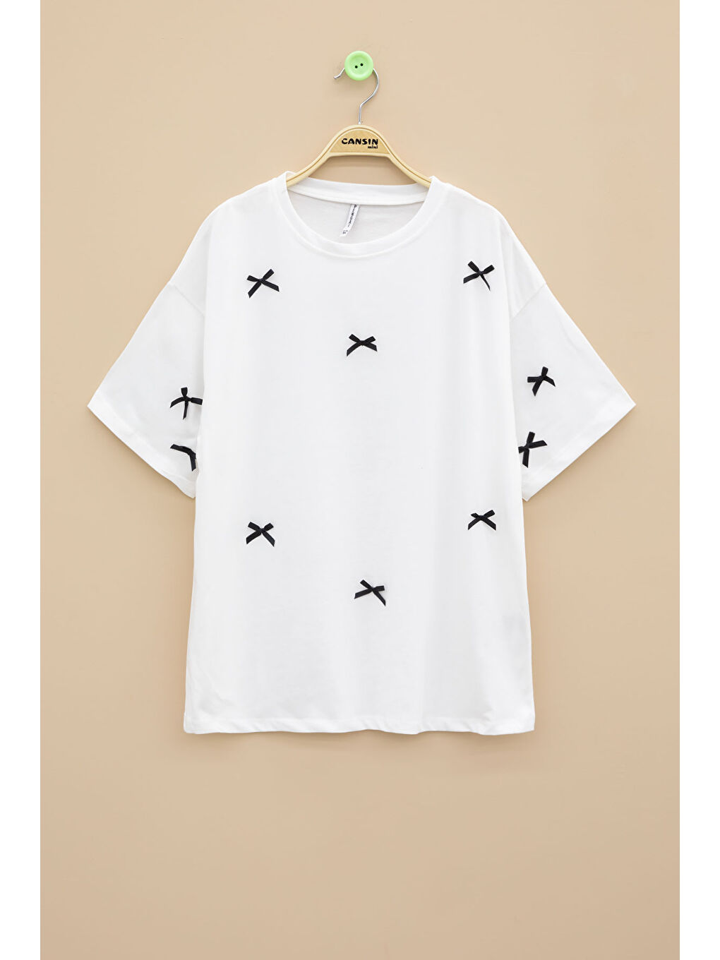 Ekru Fiyonk Nakışlı Kısa Kol Kız Çocuk Oversize Tişört 20800