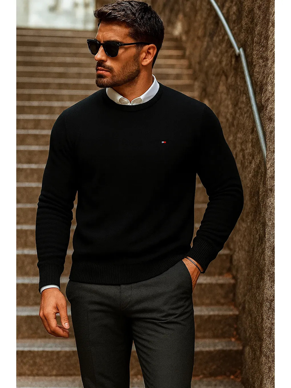 Erkek Günlük Trend Bisiklet Yaka Siyah Triko Kazak-2