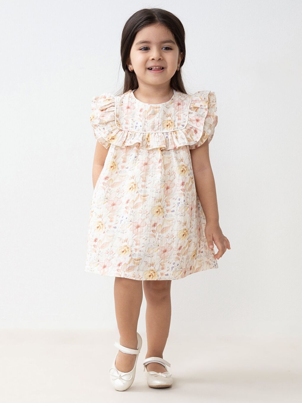 Bej Bisiklet Yaka Kısa Kollu Çiçek Desenli Kız Bebek Elbise
