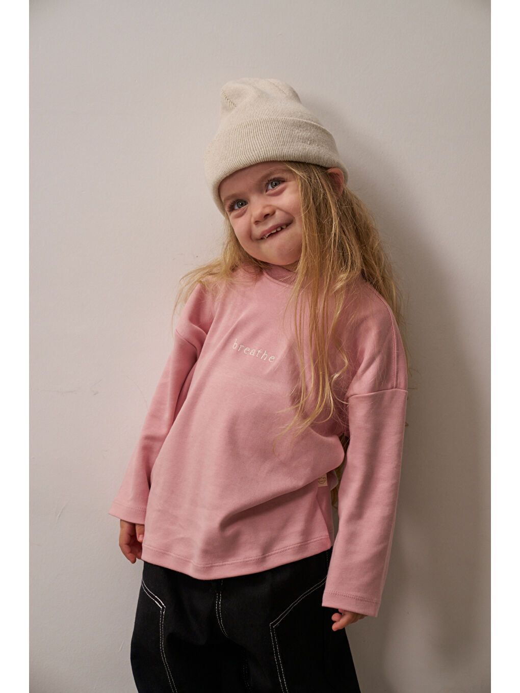 Pembe Nakışlı Oversize Uzun Kollu T-shirt-5